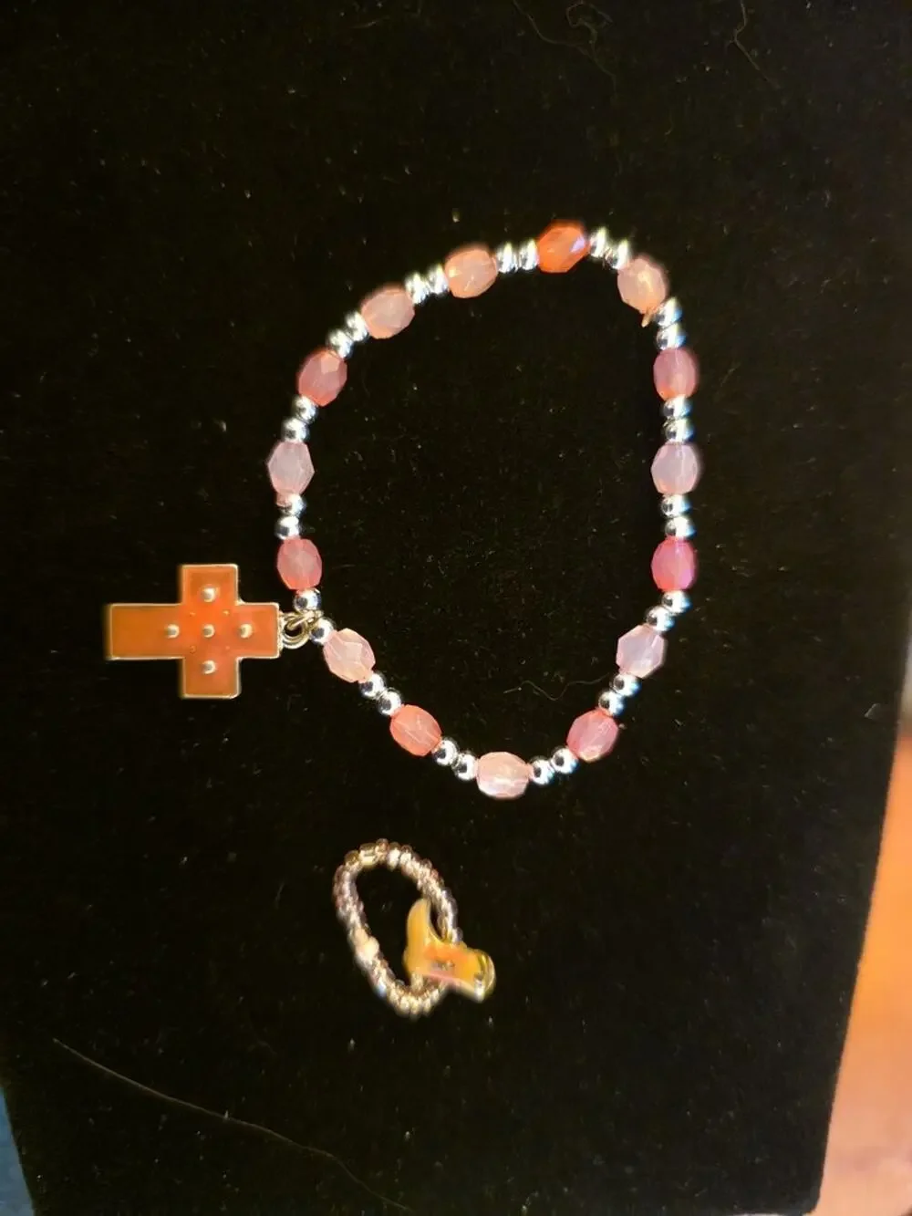 Children's Beaded Bracelet and Ring Set with Cross Charm C